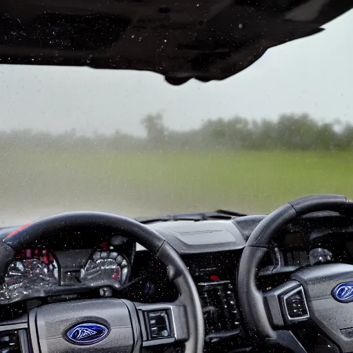 Prompt: the driver seat of a ford raptor in the rain, 4 k high - resolution photograph, ultra detail, hd photo