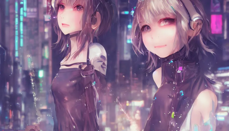 Image similar to cute anime girl in a cyberpunk city by wlop, detailed eyes, heterochromia, bright eyes, closeup, happy expression, laughing, short minidress, light clothing, posing, light rain, hyper real, detailed digital art, idol, photorealistic, trending on art station