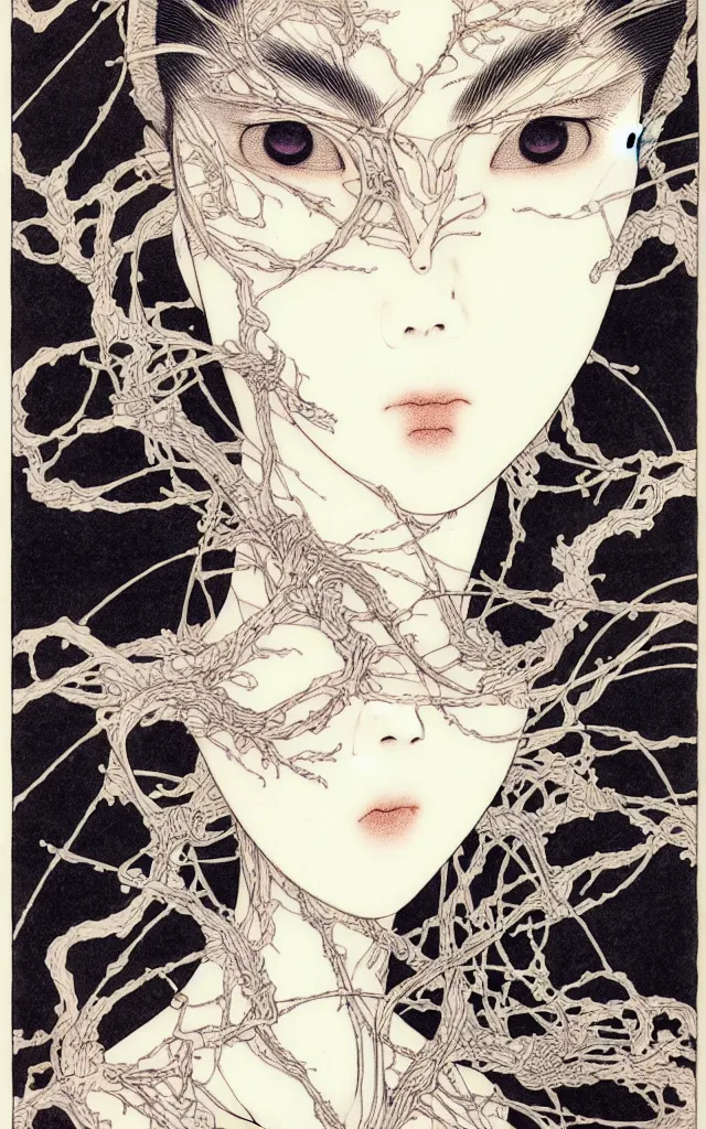 Image similar to prompt: Fragile looking face drawn by Takato Yamamoto, mystic eyes, ceramic looking face, cyber parts inspired by Evangeleon, clean ink detailed line drawing, intricate detail drawing, manga 1990, portrait