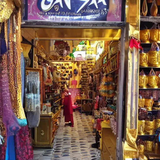 Image similar to a bazaar shop full of golden items, with a genie peeking out of a back room