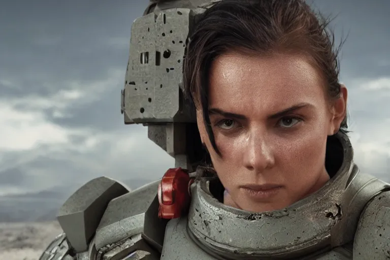 Image similar to VFX movie of a futuristic spacemarine closeup portrait in war zone, beautiful natural skin natural lighting by Emmanuel Lubezki