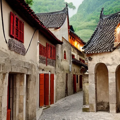 Prompt: old French village heavily influenced by ancient Chinese architecture, award-winning photography.