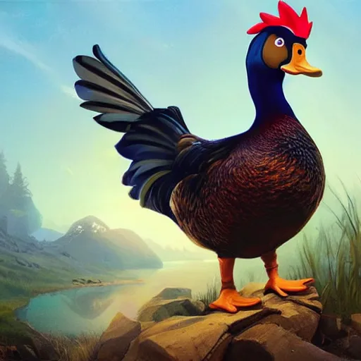 Image similar to epic cinematic hyperrealism masterpiece where a duck with a rapper rooster crest appears with headphones. realistic poster with shaded lighting by craig mallismo, artgerm, jeremy lipkin and michael garmash, unreal engine, radiant light, detailed and complex environment, digital art, art station trends