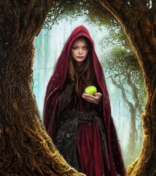 Prompt: a woman in a hooded cloak [ leaning against a tree ] holding an apple, looking at the viewer, roguish, fantasy digital painting, stunning, intricate details, artwork by ross tran and ralph horsley