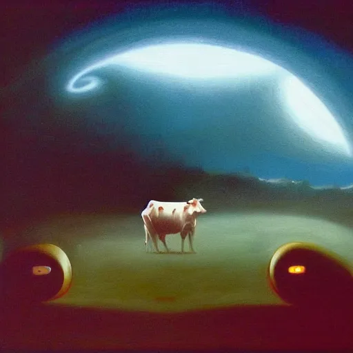 Image similar to a cow floating at night, pov inside a car, flashlight on, creepy, surrealism, painting by boris vallejo and michael whelan