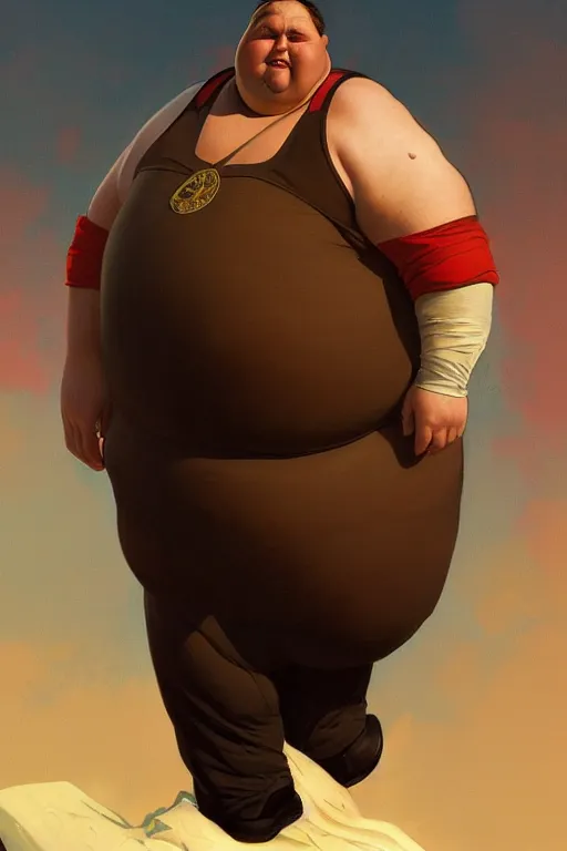 Image similar to an overweight man as a human cannonball, realistic painting, symmetrical, highly detailed, digital painting, artstation, concept art, smooth, sharp focus, illustration, cinematic lighting, art by artgerm and greg rutkowski and alphonse mucha