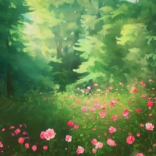 Prompt: “A beautiful painting of a forest in summer, wild roses in distance, sunlight, detailed, light effect, Trending on artstation”