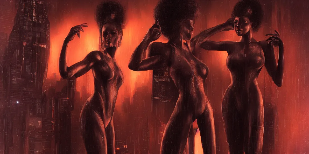 Prompt: a beautiful african american woman, Blade runner artifacts, electronic case display, cyberpunk tech, ultrarealistic, futuristic, three point lighting, dramatic lighting, electrical details, high details, 4k, 8k, best, accurate, trending on artstation, artstation, photorealism, ultrarealistic, digital painting, style of Wayne Barlowe, Caravaggio, Dali, Boris Vallejo, Hajime Sorayama