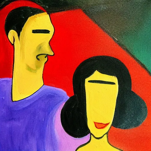 Image similar to a painting of a man and a woman sitting next to each other