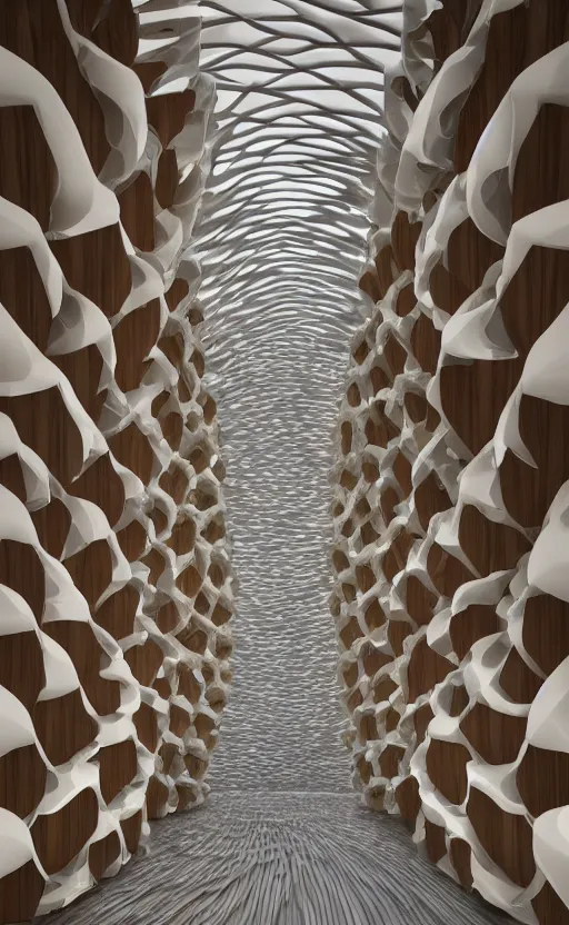 Prompt: interior of a villa parametric architecture fluid design, ultra detailed, natural lighting, volumetric lighting, wide angle shot, interlocking modular bio - bricks, 3 d printed in a mix of wood and translucent bioplastic, vincent callebaut, generative art nebula, cinematic, black metal, magnesium, unreal engine, 8 k,