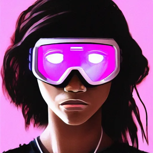 Image similar to zendaya wearing opaque reflective goggles profile picture by Greg Rutkowski, brown skin, very long hair, dune, asymmetrical, futuristic, neon volumetric lights, cool colors, streetwear, studio ghibli, Organic Painting , Matte Painting, geometric shapes, hard edges, street art, trending on the artstation, fantasy LUT, realistic by Sachin Teng + Martin Grip + Moebius, techwear, Industrial Scifi, detailed illustration, character portrait,