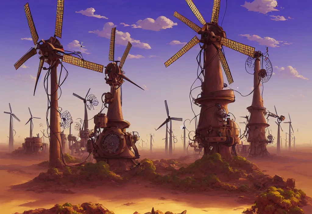 Prompt: steampunk windmills in the desert with chubby vines in the foreground, intricate oil painting, high detail illustration, sharp high detail, manga and anime 1 9 9 9, official fanart behance hd artstation by jesper ejsing and makoto shinkai, 4 k,