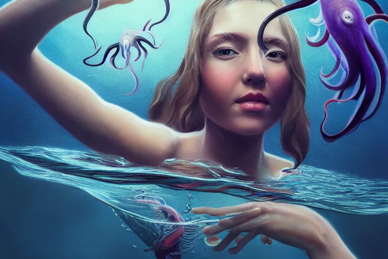 Image similar to long shot photo woman swimming with squids, highly detailed, photorealistic, reflections, smooth, sharp focus, concept art, illustration, beautiful, geometric, trending on artstation, cinematic, featured on behance , artwork by WLOP and Tran, Ross