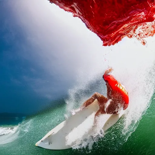 Image similar to a surfer surfing on a large wave of ketchup by alena aenami, through a sea made of ketchup, on a sunny day, 8 k, wide angle photography