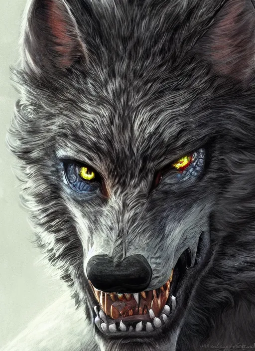 Prompt: werewolf, detailed eyes, fantasy, intricate, highly detailed, digital painting, 4k, HDR, concept art, smooth, sharp focus, illustration, by Wayne Reynolds