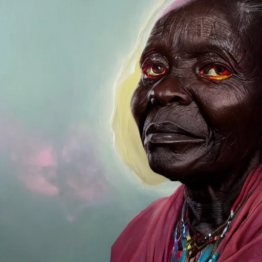 Image similar to a painting of a wise elder from Kenya by Wangechi Mutu . dramatic angle, ethereal lights, details, smooth, sharp focus, illustration, realistic, cinematic, artstation, award winning, rgb , unreal engine, octane render, cinematic light, macro, depth of field, blur, red light and clouds from the back, highly detailed epic cinematic concept art CG render made in Maya, Blender and Photoshop, octane render, excellent composition, dynamic dramatic cinematic lighting, aesthetic, very inspirational, arthouse.
