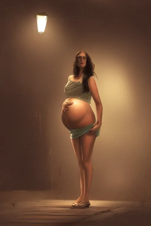 Image similar to pregnant woman under street light, highly detailed, sharp focused, ultra realistic digital concept art by Theodore Ralli