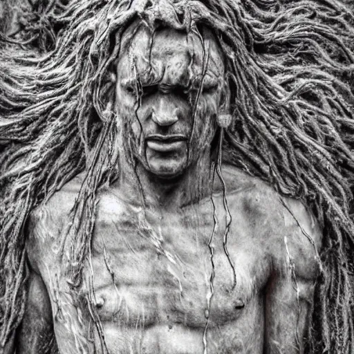 Image similar to The sculpture shows a man caught in a storm, buffeted by wind and rain. He clings to a tree for support, but the tree is bent nearly double by the force of the storm. The man's clothing is soaked through and his hair is plastered to his head. His face is contorted with fear and effort. by Brian Sum harrowing