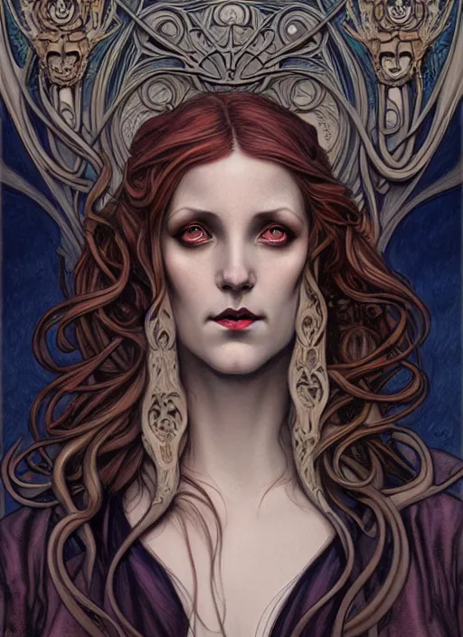 Image similar to an art nouveau, cthulu portrait in the style of charlie bowater, and in the style of donato giancola, and in the style of charles dulac. very large, clear, expressive, intelligent eyes. symmetrical, centered, ultrasharp focus, dramatic lighting, photorealistic digital painting, intricate ultra detailed background.