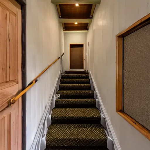 Prompt: photo of randomly connected corridors, stairs and rooms