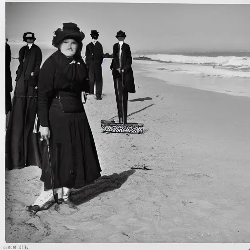 Image similar to an edwardian woman using a metal detector on the beach, black and white photograph