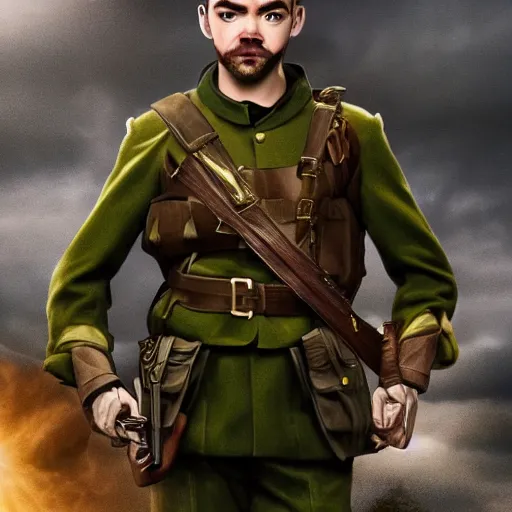 Image similar to jacksepticeye as a irish soldier, highly detailed, cinematic lighting photorealistic