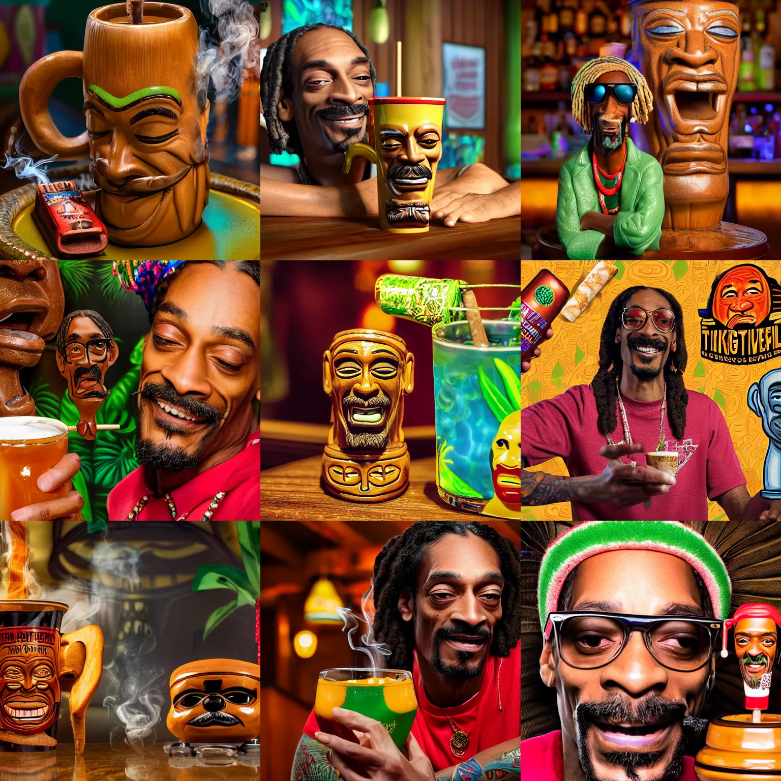 Prompt: a closeup photorealistic photograph of happy blunt smoking snoop dogg at trader vic's bar sitting next to a trader vic's style tiki mug with snoop dogg's face. tiki culture. bright scene. 4 k hd image that's trending on artstation, featured on behance, well rendered, extra crisp, features epic composition and the style of unreal engine.