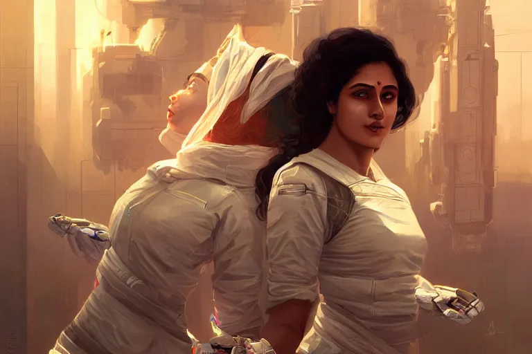 Prompt: Sensual beautiful female pale young Indian doctors wearing Deus Ex Human Revolution clothing in a space station above Earth, portrait, elegant, intricate, digital painting, artstation, concept art, smooth, sharp focus, illustration, art by artgerm and greg rutkowski and alphonse mucha