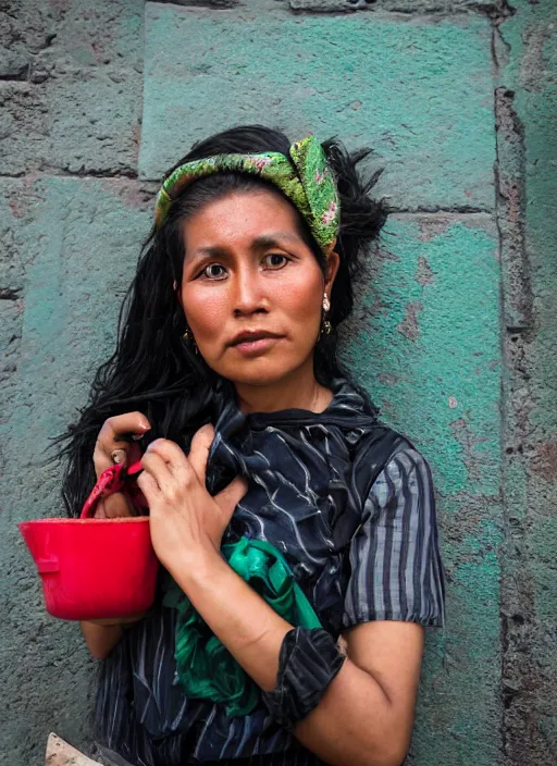 Image similar to Mid-shot portrait of a stylish 30-year-old woman from Guatemala, candid street portrait in the style of Martin Schoeller, strong red and greens, award winning, Sony a7R