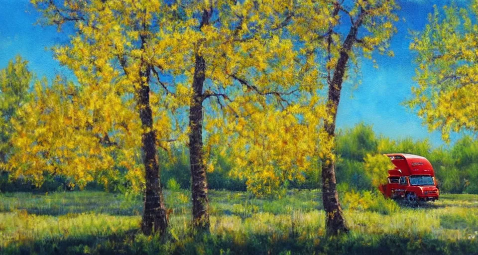 Image similar to an rv under a cottonwood tree, beautiful painting, oil on canvas, by ewa czarniecka, award winning masterpiece,