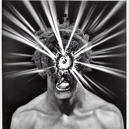 Image similar to a man experiencing his third eye pineal gland exploding out of the front of his forehead as he is able to perceive all of the thoughts of mankind. body horror. by gerald grom and ansel adams.