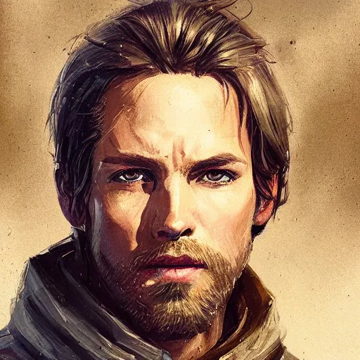 Image similar to portrait of a man by greg rutkowski, cade skywalker, messy blond hair, beard, tall and muscular, star wars expanded universe, he is about 3 0 years old, wearing a flying jacket, distrustful and arrogant, highly detailed portrait, digital painting, artstation, concept art, smooth, sharp foccus ilustration, artstation hq