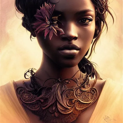 Prompt: Hyperrealistic beautiful sexy ethereal dark skinned girl portrait, art nouveau, fantasy, intricate flower designs, elegant, highly detailed, sharp focus, art by Artgerm and Greg Rutkowski and WLOP