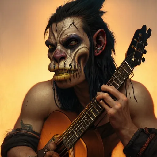 Image similar to portrait painting of a punk orc bard with a guitar, ultra realistic, concept art, intricate details, eerie, highly detailed, photorealistic, octane render, 8 k, unreal engine. art by artgerm and greg rutkowski and charlie bowater and magali villeneuve and alphonse mucha