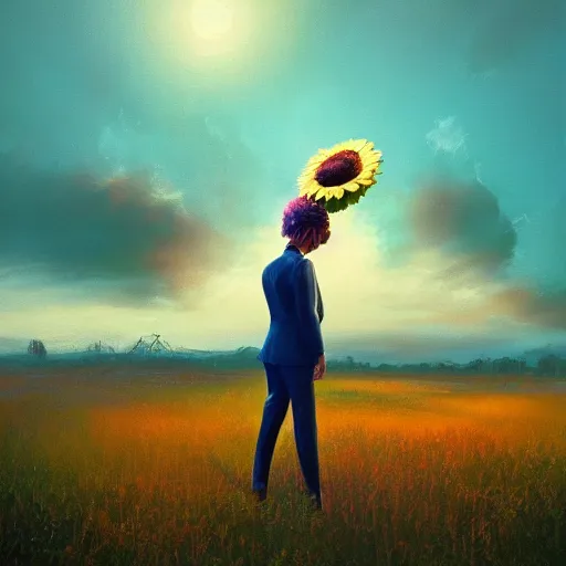 Image similar to giant daisy flower head, frontal, girl in a suit, surreal photography, sunrise, dramatic light, impressionist painting, digital painting, artstation, simon stalenhag