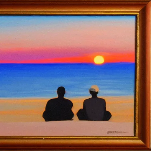 Image similar to 2 men watching the beautiful sunset together by the beach, by greg rutowski, muted colors