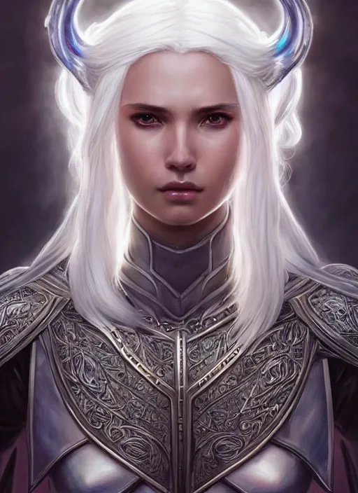 Image similar to light iridescent armor!!! long wild white hair!! covered chest!!! fantasy, d & d, intricate ornate details, digital painting, pretty face!!, symmetry, concept art, sharp focus, illustration, art by artgerm! greg rutkowski magali villeneuve wlop! ilya kuvshinov!!, octane render