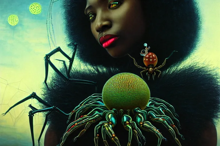 Prompt: realistic detailed closeup portrait movie shot of a beautiful black woman with a giant spider, dystopian city landscape background by denis villeneuve, amano, yves tanguy, alphonse mucha, max ernst, ernst haeckel, kehinde wiley, caravaggio, roger dean, cyber necklace, rich moody colours, sci fi patterns, wide angle