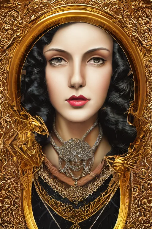 Image similar to An extremely beautiful Art Deco ornate portrait of a young attractive woman with a beautiful bone structure, professionally painted digital art illustration, smooth, sharp focus, atmospheric lighting, highly detailed illustration highlights, golden ratio, extremely detailed winning award masterpiece, 8K post-processing, trending on artstation flawless, prismatic highlights, telephoto, depth of field, cinematic, macro, concept art, wepa digital, elegant, epic, octane render, v-ray, C4D