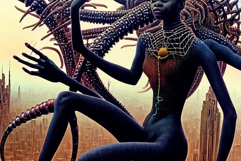 Image similar to realistic detailed closeup portrait movie shot of a beautiful black woman riding a giant spider, dystopian city landscape background by denis villeneuve, amano, yves tanguy, alphonse mucha, max ernst, ernst haeckel, edward robert hughes, roger dean, cyber necklace, rich moody colours, sci fi patterns, wide angle