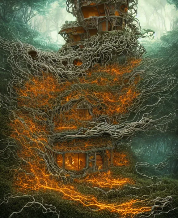 Prompt: an elegant dollhouse made out of exotic fungus, overgrown with weird fungus and tendrils, spaceship, sci - fi, robots, sleek, partly cloudy, hell, fire, brimstone, lava, by dan mumford, yusuke murata, makoto shinkai, ross tran, cinematic, unreal engine, cel shaded, featured on artstation, pixiv