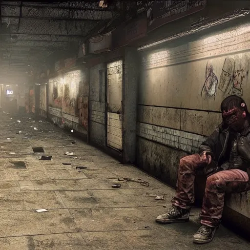 Image similar to silent hill abandoned underground subway homeless filthy horror slum low light sadness lonely. Cyberpunk 2077. CP2077. 3840 x 2160