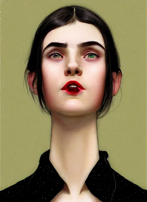 Image similar to portrait of white teenage girl, narrow face, short black hair and eyebrows, bangs, half updo hairstyle, buck teeth, unattractive, defined jawline, long chin, smile, hair bow, intricate, elegant, glowing lights, highly detailed, digital painting, artstation, sharp focus, illustration, art by wlop, mars ravelo and greg rutkowski
