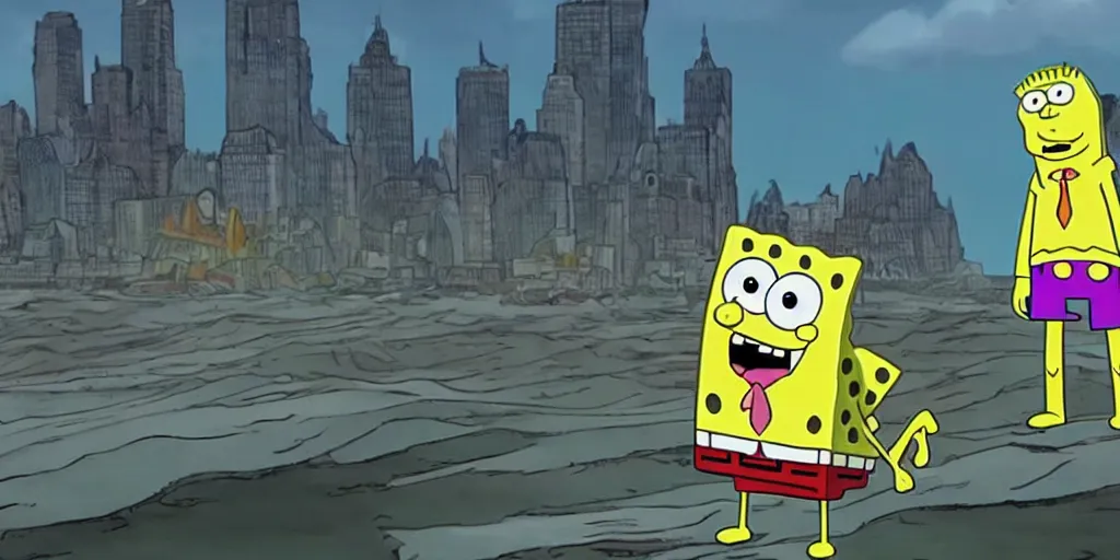 Image similar to film frame of spongebob and scooby - doo watching a destroyed new york in the distance. phatos, sad, dramatic style 4 k quality rule of thirds spongebob and scooby - doo detail cinematic color grading by christopher nolan. portrait photography. close shot