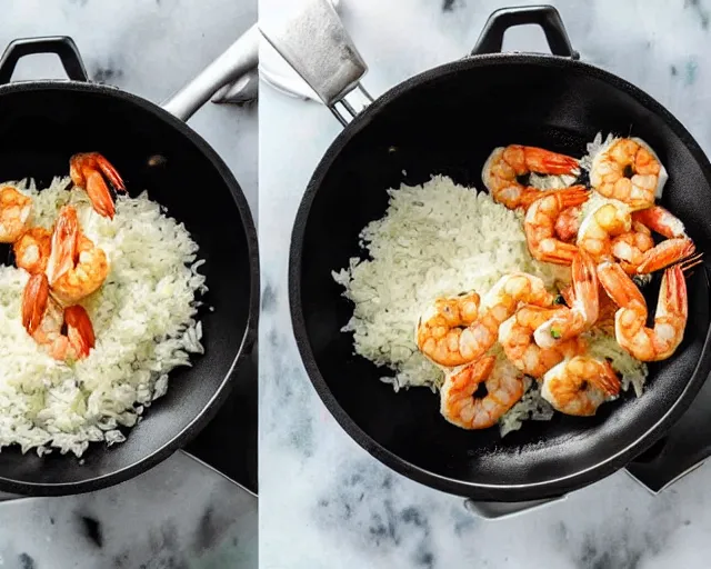 Image similar to photo of a shrimp wearing a chef hat and frying rice in a skillet in a kitchen