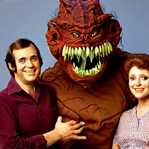 Image similar to vintage 1 9 8 0's sitcom publicity photo, a happy photogenic family and a large giant evil demonic horrifying angry detailed monstrous demon creature inside a 1 9 8 0's sitcom living room