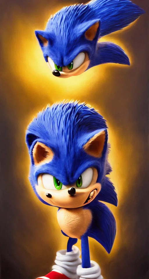 Image similar to portrait of sonic the hedgehog, chiaroscuro, elegant highly detailed oil painting 4 k, archival scan