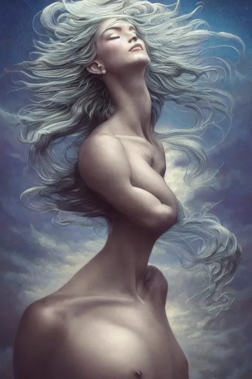 Image similar to wind blowing hair up!!! meditation trance! a celestial surreal creature, dreaming of the void, bust portrait, dnd, fantasy, intricate, elegant, highly detailed, digital painting, artstation, concept art, smooth, sharp focus, illustration, art by artgerm and tom bagshaw and greg rutkowski and alphonse mucha