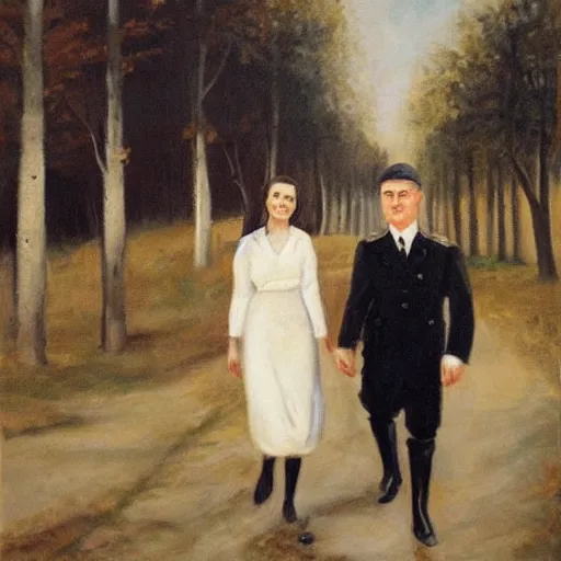 Image similar to an oil panting of a young hitler with her girlfriend, walking in berlin