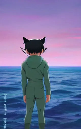 Prompt: little boy with cat ears wearing an latex suit with cape walking on ocean. digital painting made by makoto shinkai and james jean, perfect composition